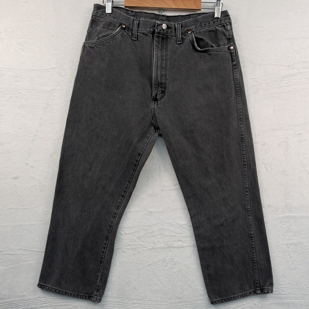 VTG Wrangler Jeans Men's 35x25 Black Faded Cowboy Cut Western Leather Patch 80s